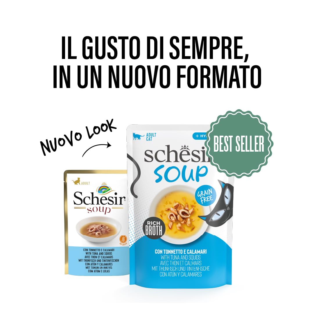 Schesir, Zuppa con Filetti di Tonno e Calamari, in busta, Cibo Umido Complementare per Gatti, Ricetta Originale, 100% Naturale, Cruelty Free, 12 x 40g