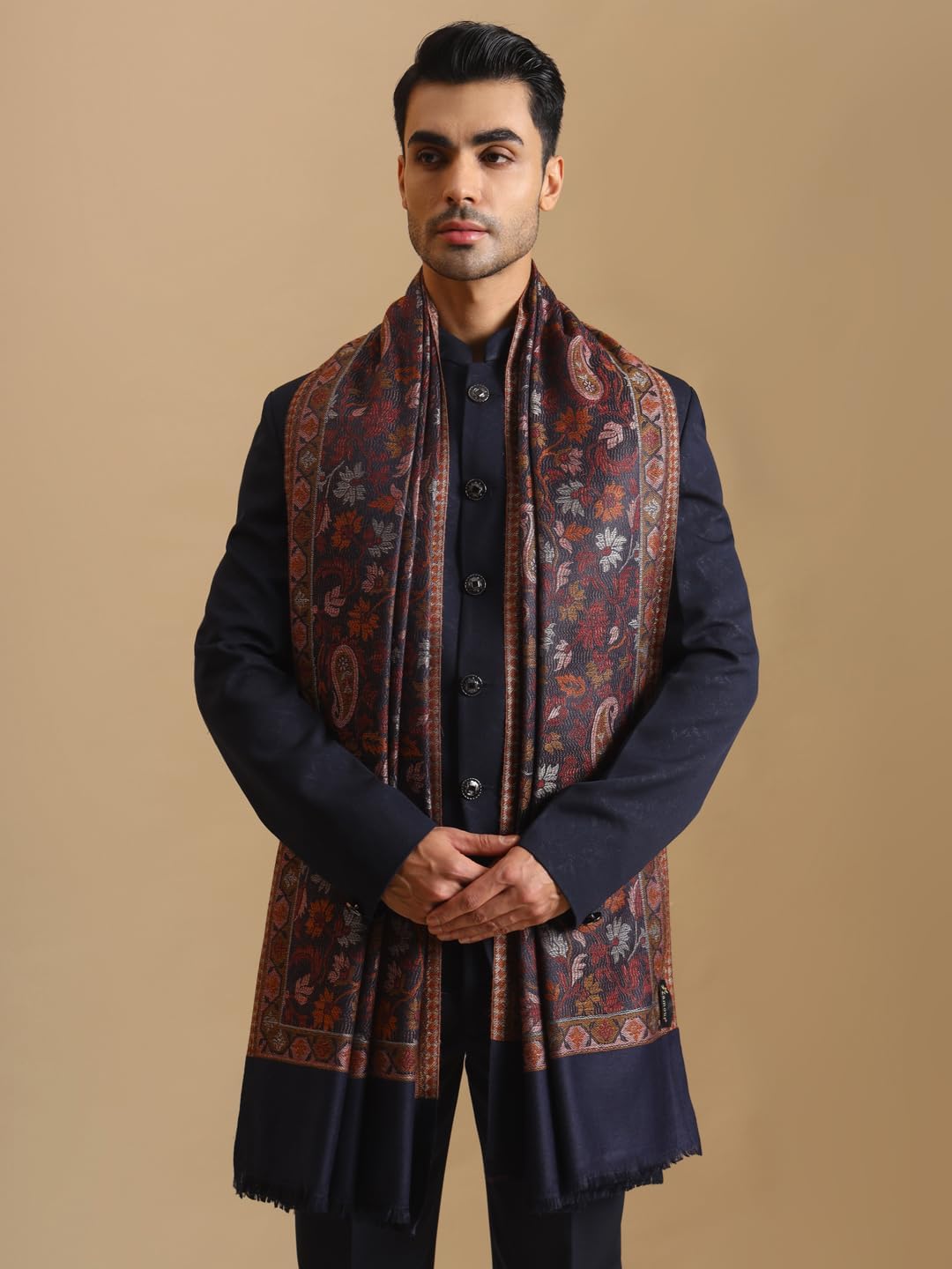 Zamour Large Jacquard Woven Indian Shawl Wrap for Men, Light Weight, Traditional Floral Jaal Patterns Black