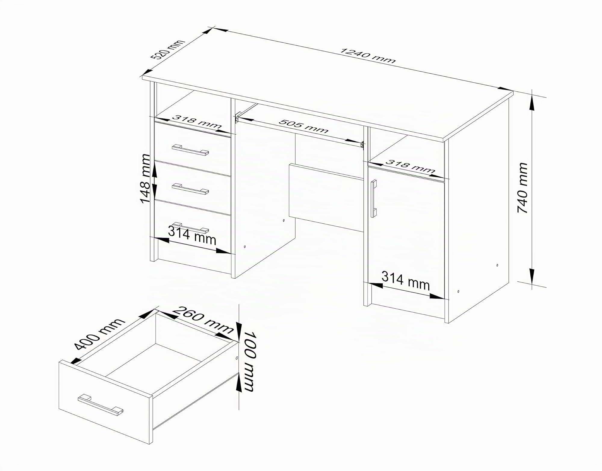 Mesa de ordenador Ana, Mueble Escritorio con 3 cajones, 1 estante con puerta, 2 estantes abiertos, 124 x 74 x 52 cm, 45 kg