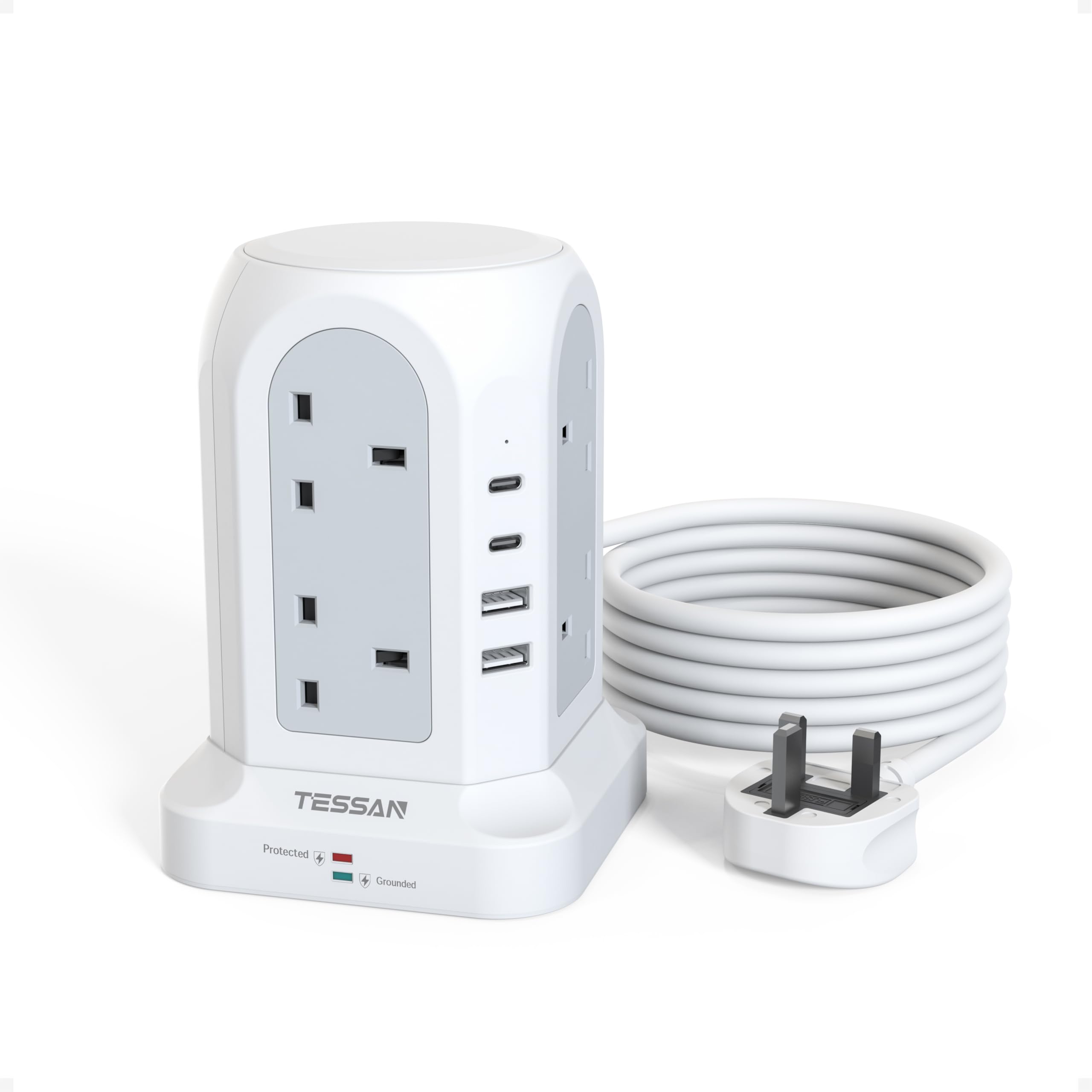 TESSAN Tower Extension Lead 4 USB Slots (2 USB C), Extension Lead 13A 3250W, 8 Way Multi Plug Socket Power Strip with Switch, Multiplug Adaptor with 2M Cable for Home, Office, School — view 7