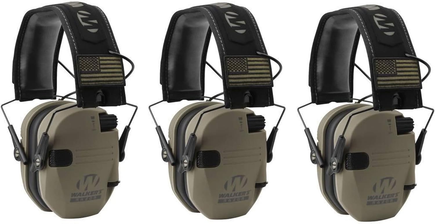Walker's Razor Slim Shooter Electronic Hunting Folding Hearing Protection Earmuffs w/ 23dB Noise Reduction & Sound Amplification, Tan Patriot (3 Pack)