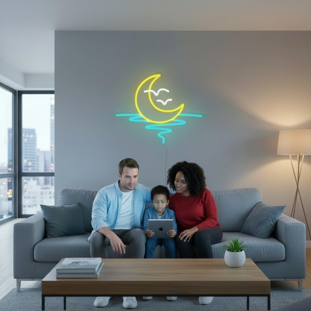 Beach Moon Seagull Neon Sign for Wall Decor USB Powered Five Oclock Dimmable Bar LED Light Beach Bedroom Living Room Bar Party
