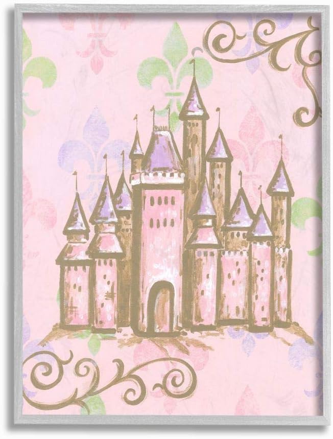 The Kids Room by Stupell Castle with Fleur de Lis on Pink Background Rectangle Wall Plaque
