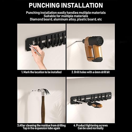 Miniatura 4 de Estante ajustable para utensilios de pared, metal negro, 8 ganchos móviles, 17.32 x 1.85 pulgadas, para cocina, almacenamiento de baño