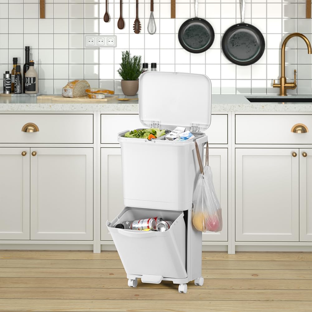 BAKAJI Cubo de basura de cocina con capacidad de 38 litros, doble cubo que ahorra espacio para separación de basura, basura para recogida diferenciada, 1 cajón abatible, 42 x 28,5 x 73 cm (38 litros)