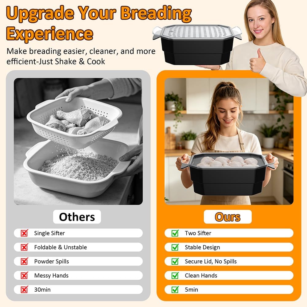 SURETIVIAN Batter Bowl Extra Large Better Breader Bowl with Two Sifters & Powder Tray, Visible Mess Free Breading Shaker for Fried Fish Chicken Meat Veggies, Great for Family Parties (Black)