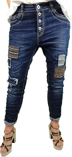 Karostar Stretch jeans voor dames, denim broek met decoratieve  knoopsluiting, broek in vintage look met patches en patches. : Amazon.nl:  Kleding, schoenen \u0026 sieraden