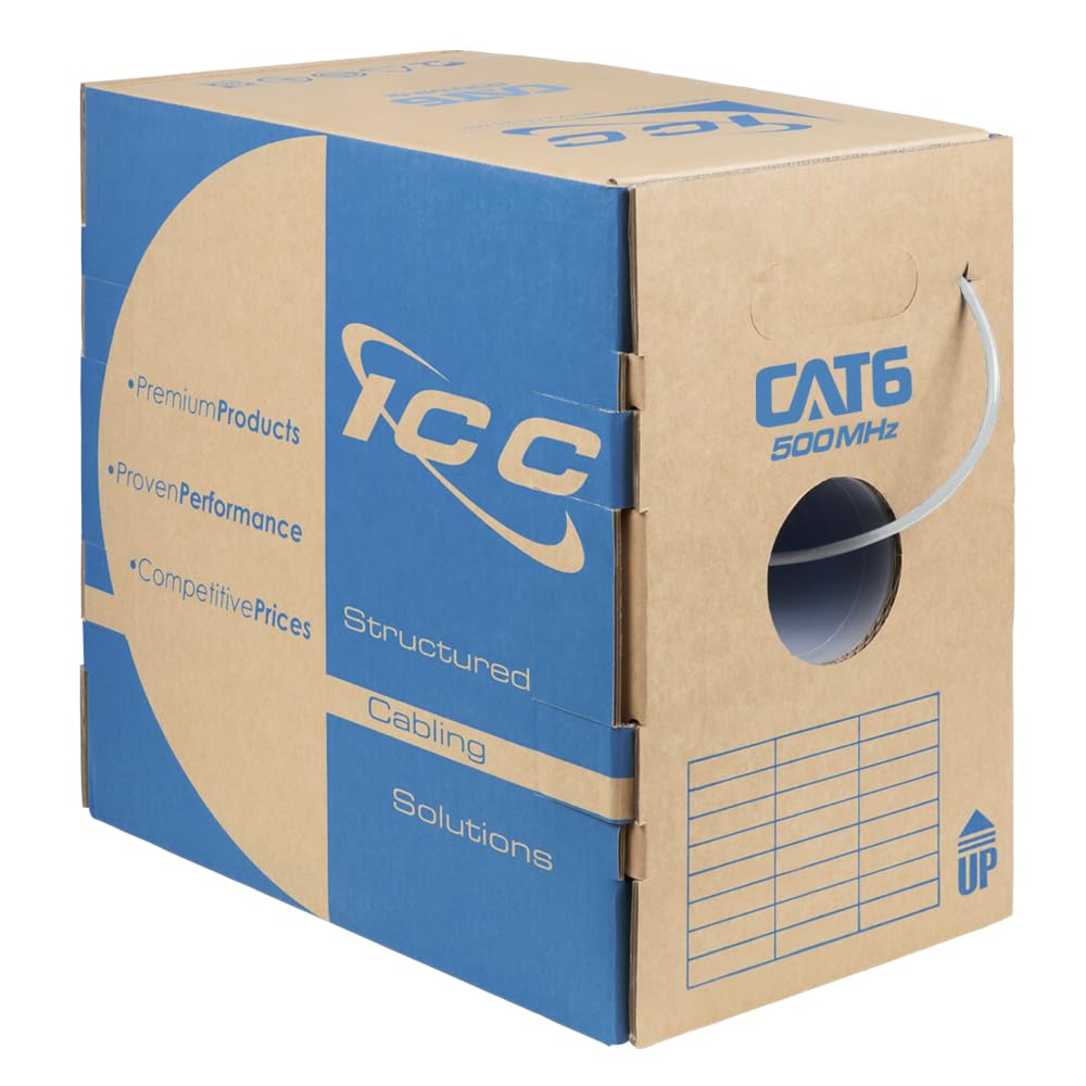 ICC Cat6 CMP Plenum 1000ft UTP 23AWG Solid Pure Copper, True Plenum Certified by UL Bulk Ethernet Cable, PoE++, 500MHz, Reelex No Tangle Pull Box, TAA, National Electrical Code Compliant, White