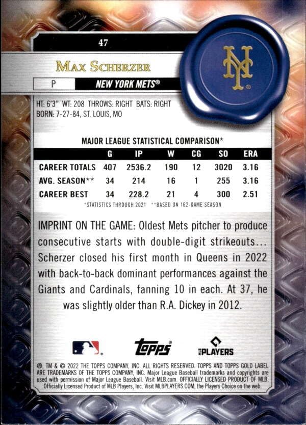Miniatura 2 de 2022 TOPPS GOLD LABEL CLASS 1#47 MAX SCHERZER NEW YORK METS BASEBALL OFFICIAL TRADING CARD OF MLB