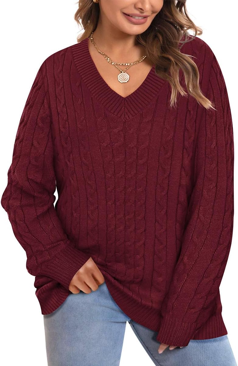 CARCOS Plus Size Sweaters for Curvy Women Long Sleeve Cable V Neck Sweater Knit Pullover Preppy Style Fall Winter XL-5XL