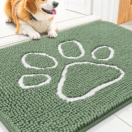 Image of Smiry Dog Door Mat for Muddy Paws, Absorbent Dirt Trapper Non Slip Quick Dry Washable Chenille Mat for Mud Dogs, Entry Rug for Indoor and Outdoor (30x20 Inches, Olive Green and White)