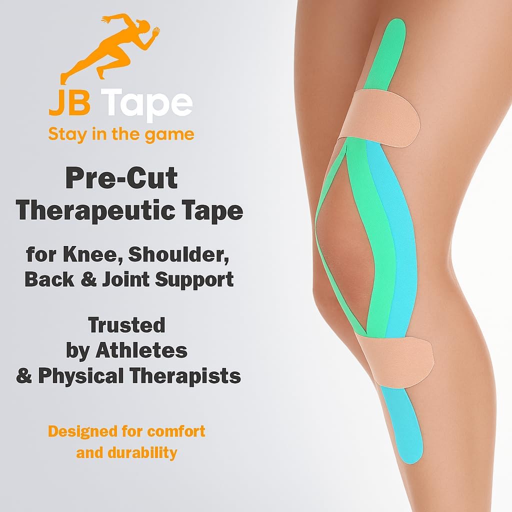 JB Tape Kinesiology Tape – 80 Precut 10-Inch Strips – Green – Elastic, Latex-Free, Water Resistant – Athletic Muscle & Joint Support – 4 Rolls