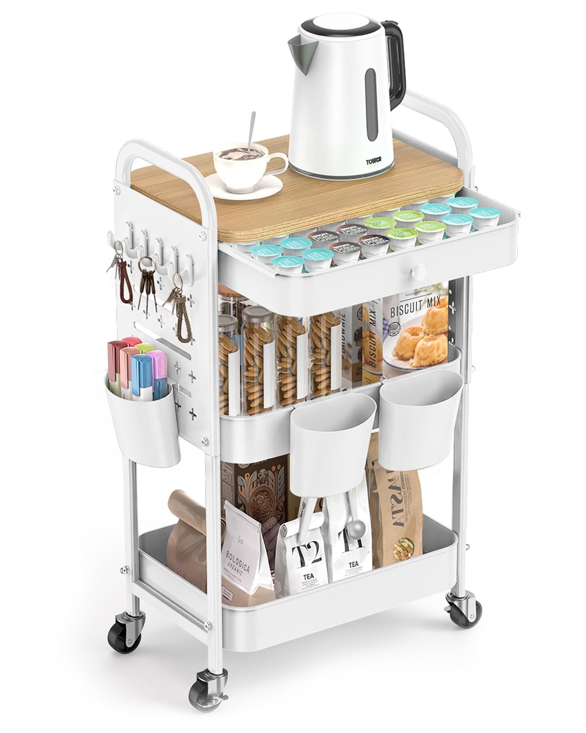 Photo 1 of ALVOROG 3-Tier Rolling Cart with Wood Top and Pegboards - White