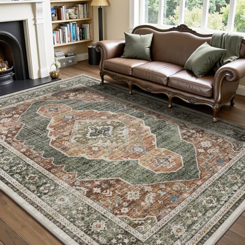 Engiw-Sage Green 8x10 Area Rugs for Living Room Bedroom Rug Machine Washable Rug Carpet Vintage Retro Oriental Dining Room Rugs Easy Clean Non Slip Farmhoue Rust Mint Light Green/Sage 8' x 1