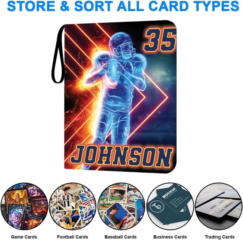 Personalized Football Card Binder Album with Name & Number Sports Trading Card Holder Organizer, Collectible Storage Book for Football Fans (Cool Football)