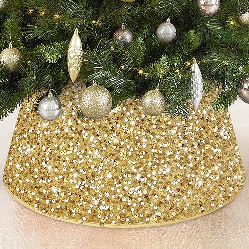 FOTSHARER Gold Christmas Tree Collar 23.6Inch Sequin Christmas Tree Skirt
