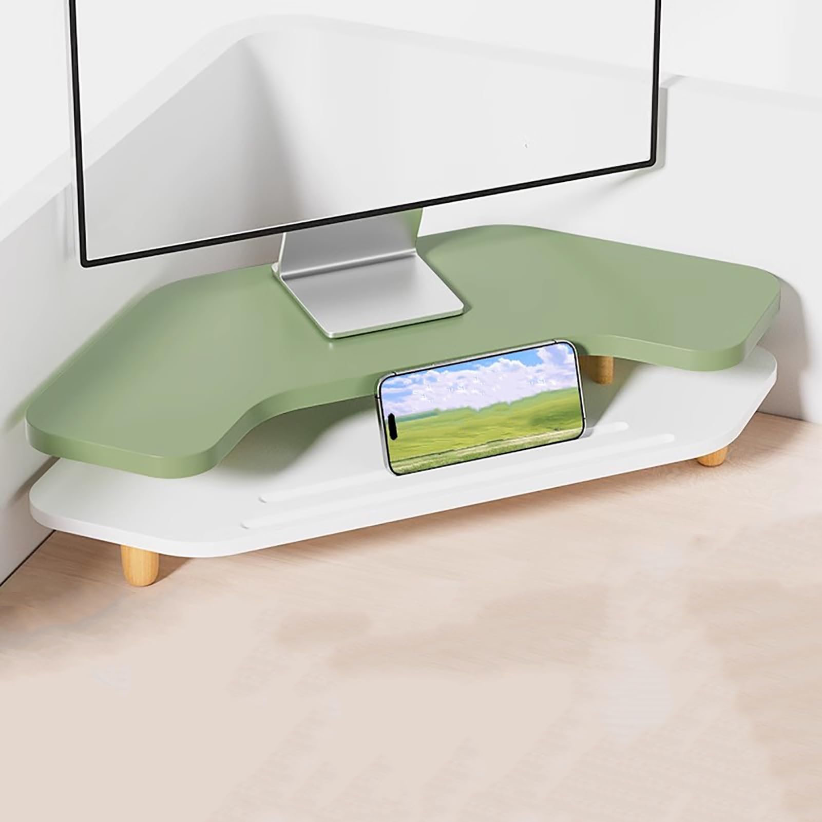 Stojak na Monitor 2-poziomowy Narożny Stojak na Komputer do Monitora Stacjonarnego, Szuflada Organizer na Biurko Półki do Płaskiego Ekranu Lcd Led Tv, Trójkątny Stojak na Biurko(Green)