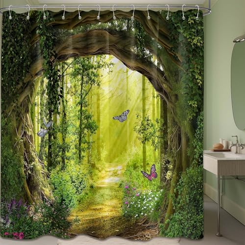 QGHOT Spring Enchanted Forest Shower Curtains for Bathroom Green Tree Nature Mountain Shower Curtain Sets Unique Decorative Bath Decor Waterproof Cloth Fabric with Hooks 70x72 inch