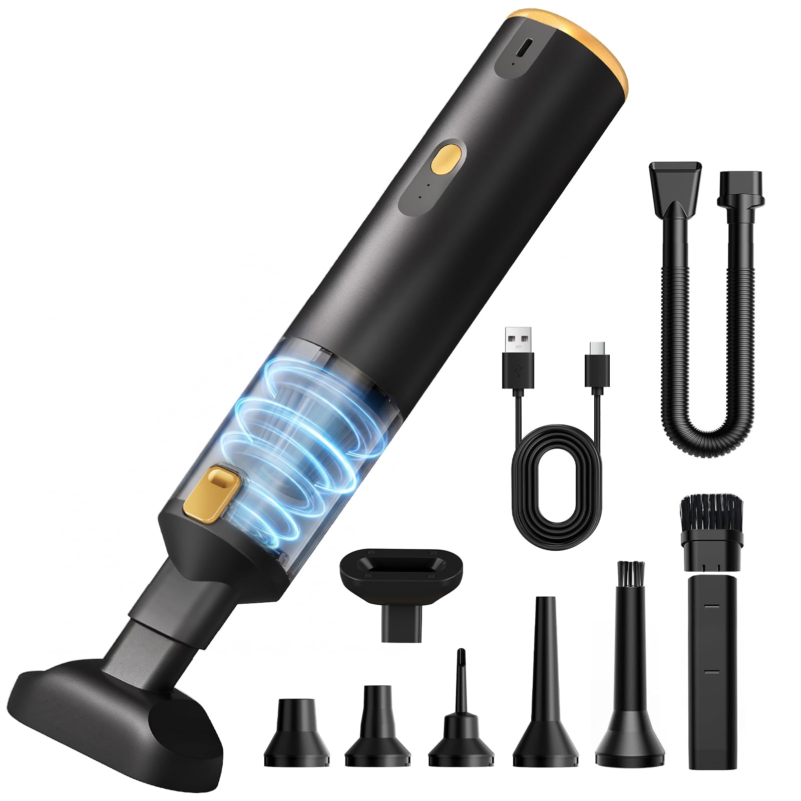 Fizicoo Handstaubsauger Akku für Auto, 18000 Pa, kabellos, 2 Saugstufen | mini Staubsauger,7500mAh, 20–40Min, 70000U/min, 328g, 200ml, HEPA-Filter, Bodenbürste, Schlauch, USB-C, Grau/Gold