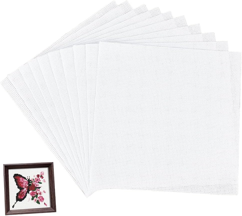 PH PandaHall 12 Sheets 7.8x7.8 inch Polycotton Needlepoint Canvas 14 Mesh Plastic Canvas Sheets White Embroidery Fabric for DIY Knit Crochet Projects Home Decor Craft Supplies