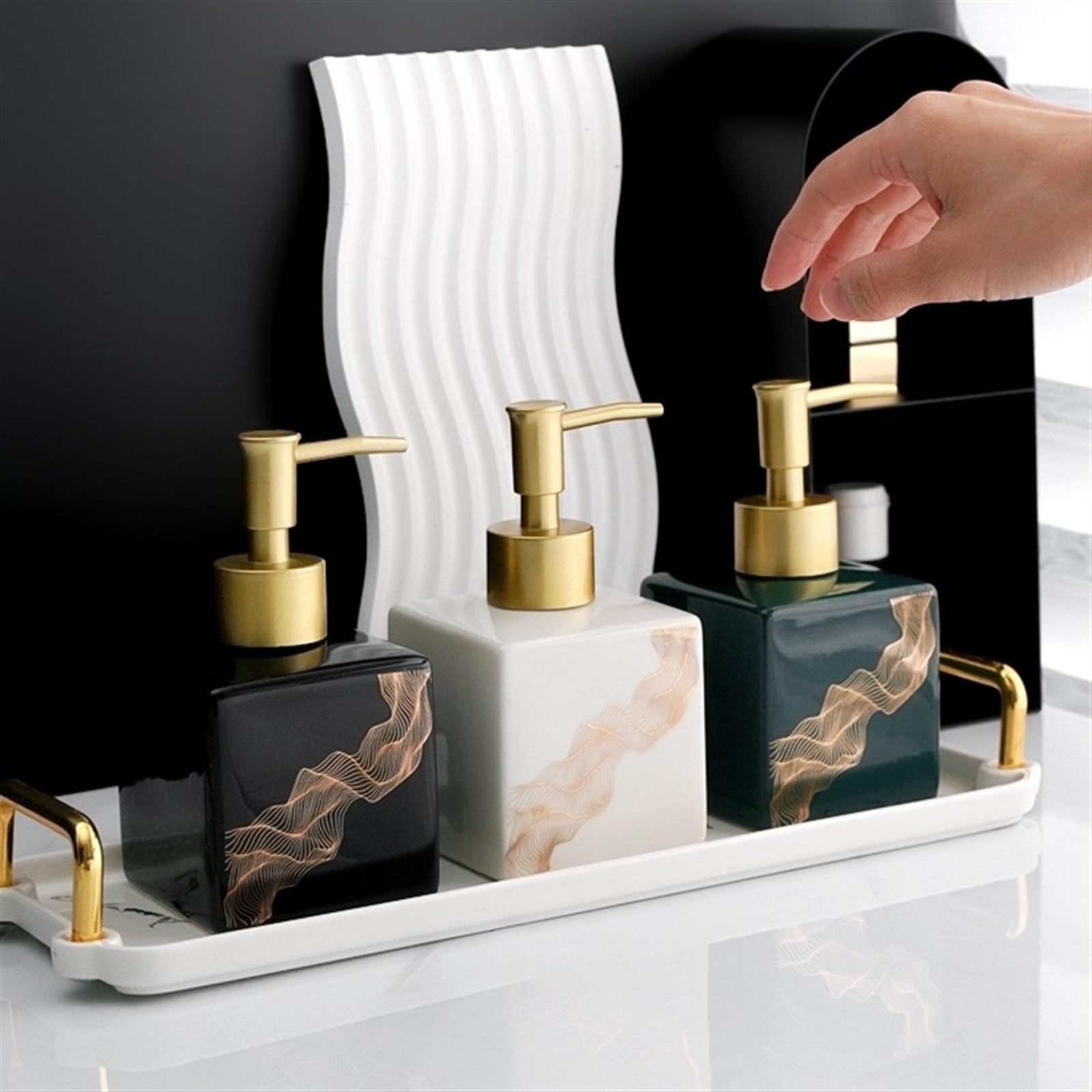 Dozownik do mydła w płynie łazienki i kuchni, ceramiczny, elegancki, falisty wzór paski, butelki ceramiczne, dozownik płynnego balsamu, 9,5 uncji/280 ml naczyń