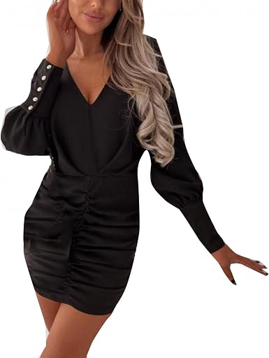 Amazon.com: LULUZ Vestido formal de manga larga con cuello en V para mujer,  estilo informal, con cintura en la cadera : Ropa, Zapatos y Joyería
