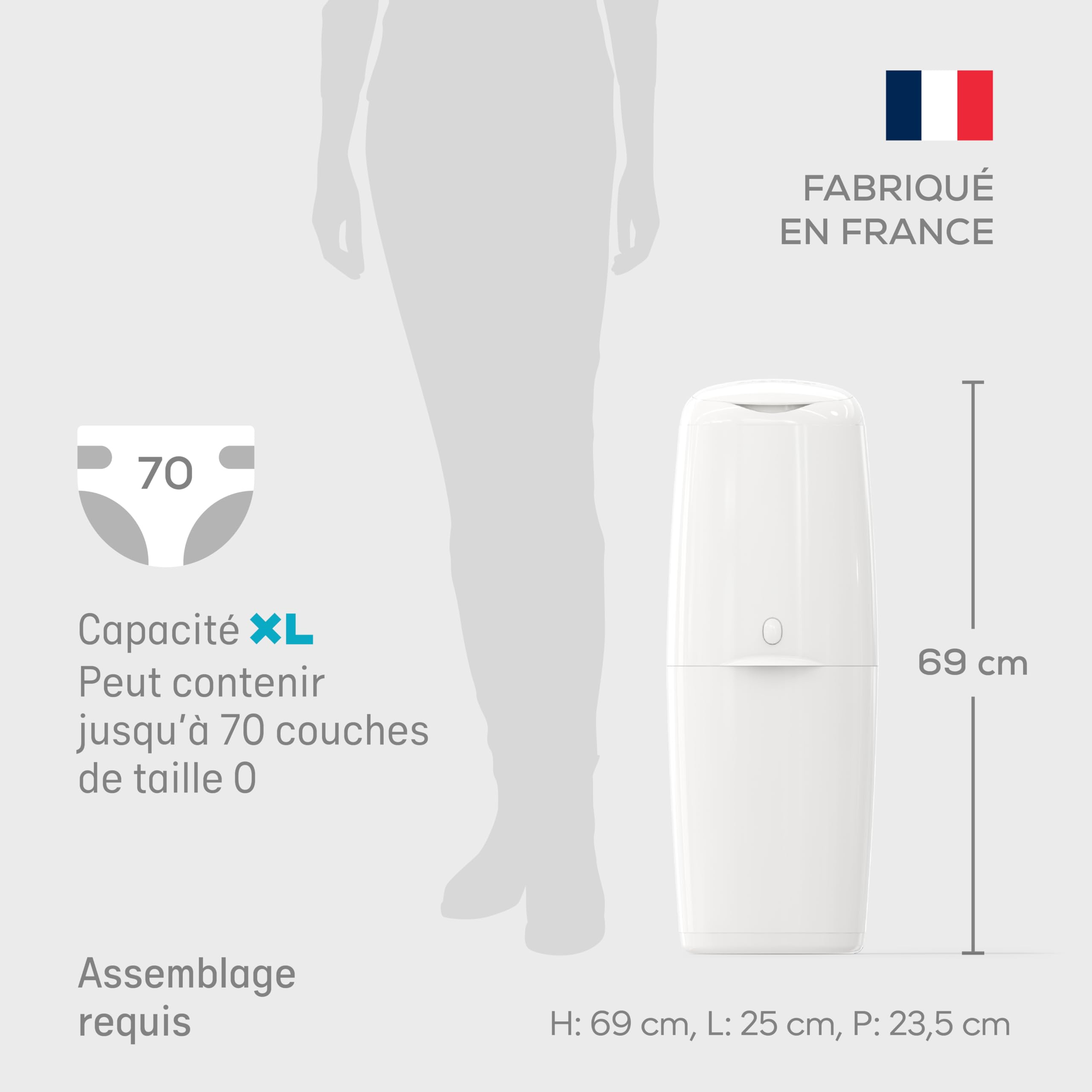 Angelcare Poubelle à Couches Classic XL avec Recharge Octogonale Anti-Odeur Haute Capacité (1 Mois - 190 Couches Taille 0)