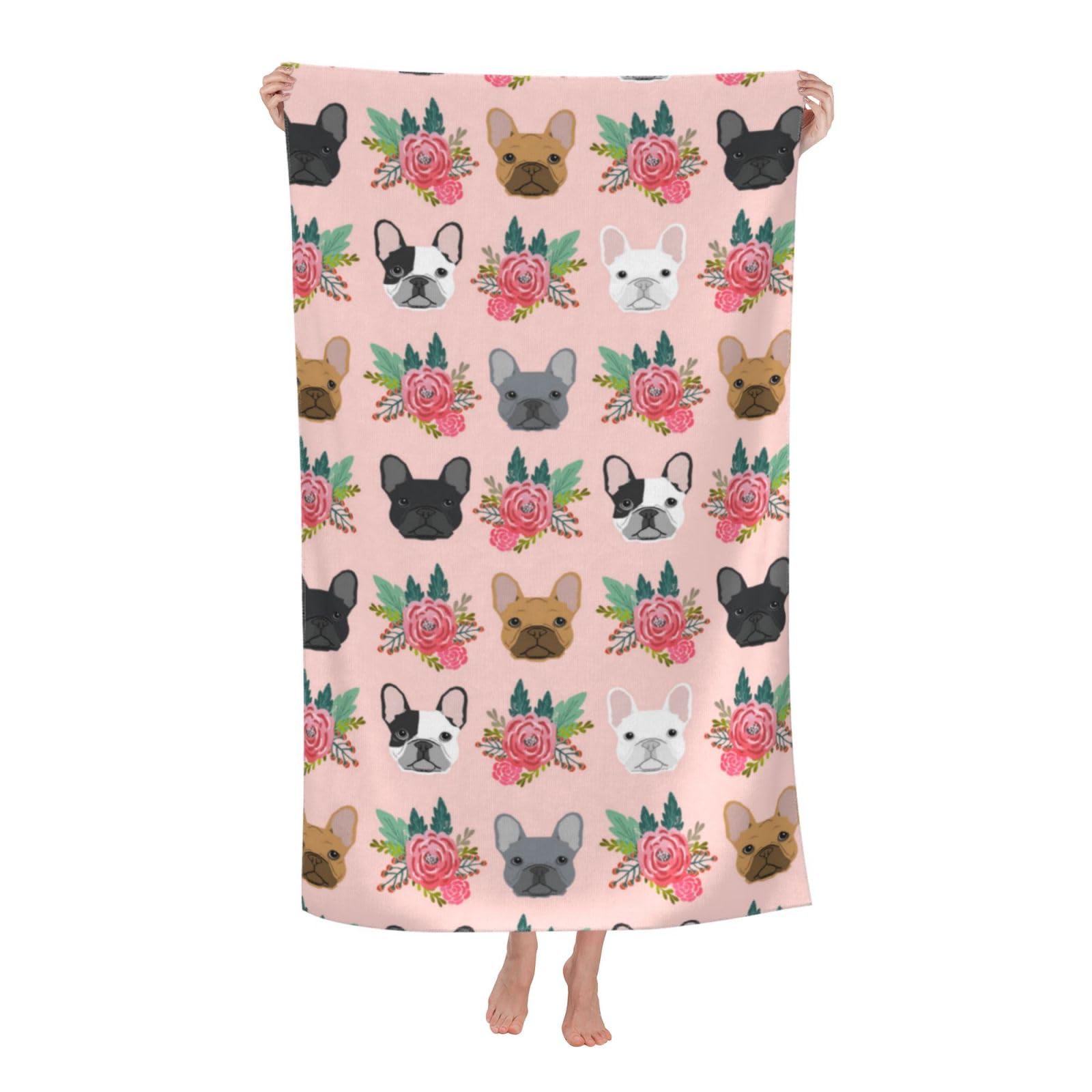 HYUNDP French Bulldogs FloralsMicrofiber Beach Towels Bulk, Sand Free Quick Dry Beach Towel for Adults 30"x 1298"