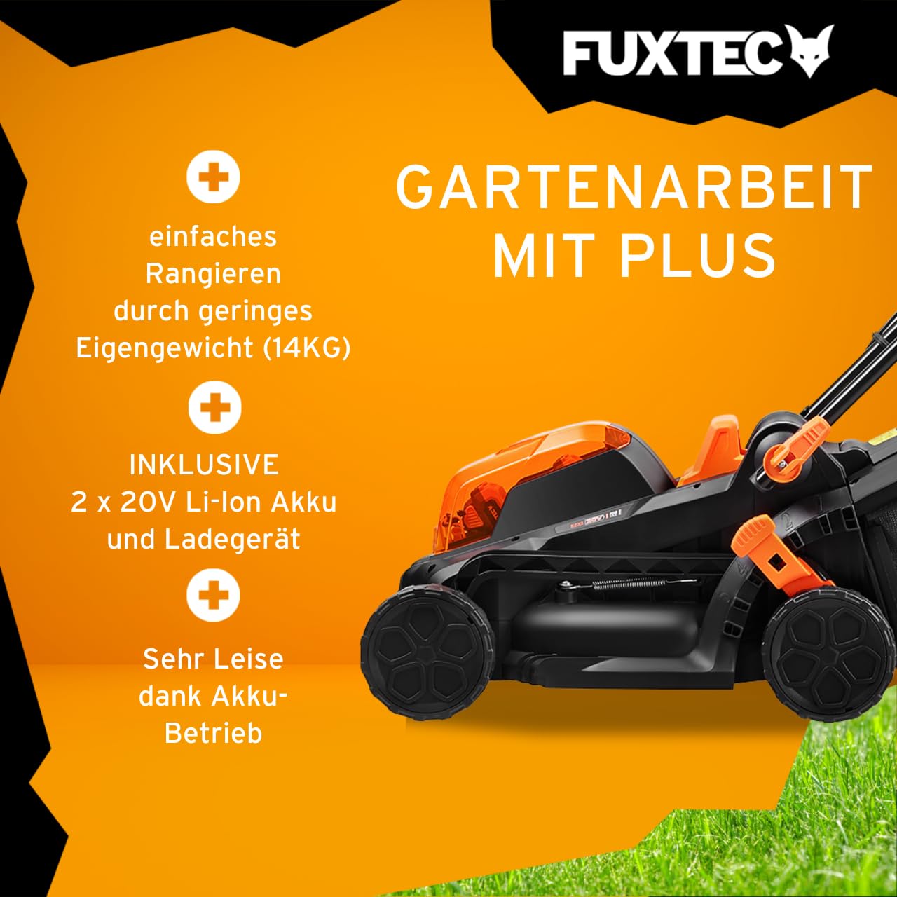 FUXTEC Akku Rasenmäher FX-E1RM20-SET 40V 2x20V • 33cm Schnittbreite • 5fach Variable Schnitthöhe 25–65mm • Ink.l 2x2Ah Akku und Schnellladegerät • 35L Fangkorb • 14kg