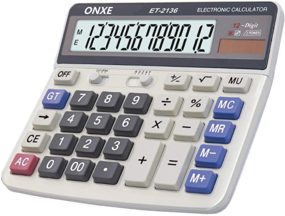 Calculator, ONXE Standard Function Electronics Desktop Calculators, Solar Dual Power, Big Button and 12 Digit Bold Font Large LCD Display, Handheld for Daily and Basic Office (2136)