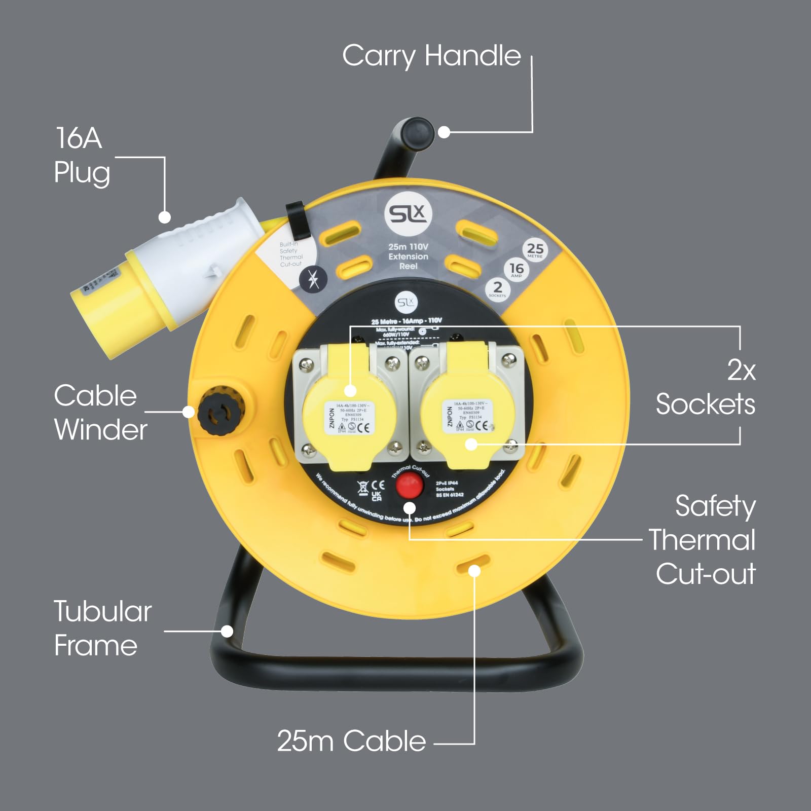 SLx Prolunga industriale da 110 V, 25 m, avvolgicavo a tamburo aperto, 2 prese con taglio termico, cavo di prolunga resistente, per interni ed esterni, spina britannica con fusibile da 16 A