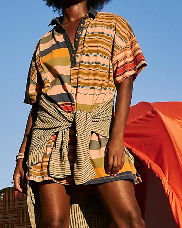Image of NUFIWI Y2K Striped Shirt Mini Dress for Women Oversized Stripe Tunic Tshirt Dresses Short Sleeve Buttons Loose Fit Tee Dress