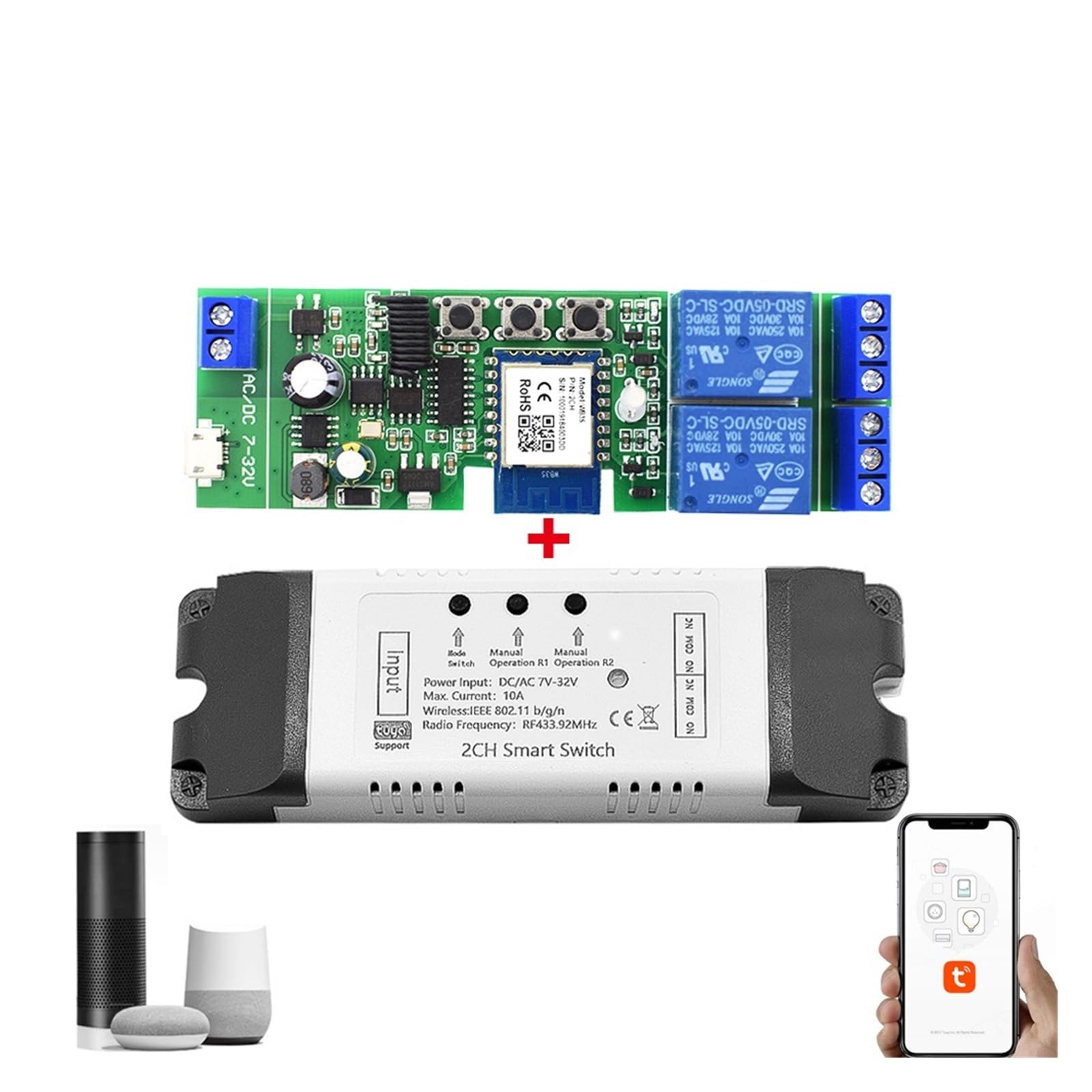 Elektrischer Toröffner-Bausatz, Garagentoröffner-Controller Smart Switch On Off Relaismodul Tor öffnen Sprachsteuerung(2CH 7-32V CASE)