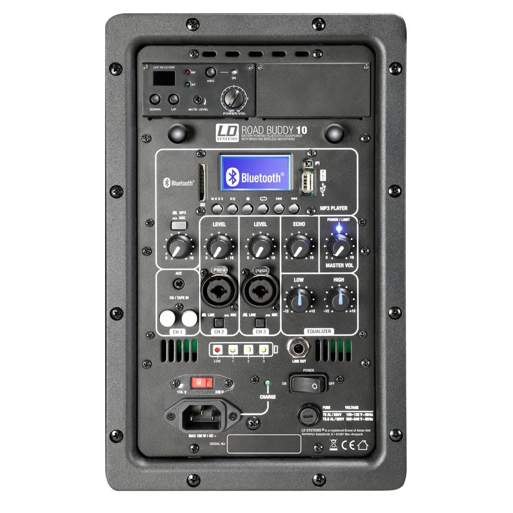 LD Systems ROADBUDDY 10 B6 Akkubetriebener Bluetooth-Lautsprecher mit Mixer, Funkmikrofon und Fernbedienung, 655-679 MHz, schwarz
