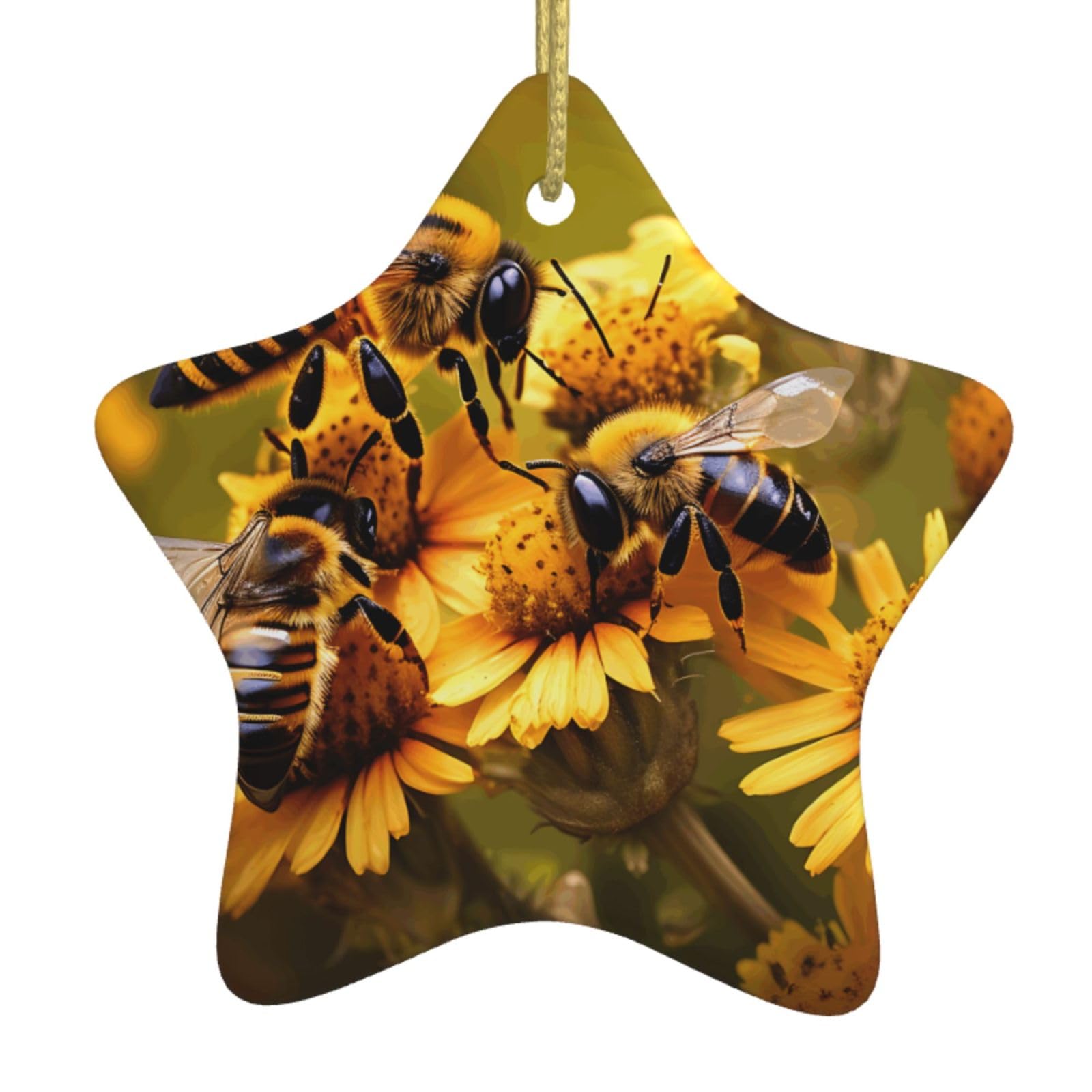 Rural Honey Bees Flowers Print Christmas Ornaments, Ceramic Hanging Ornament, Round Shape Decorations