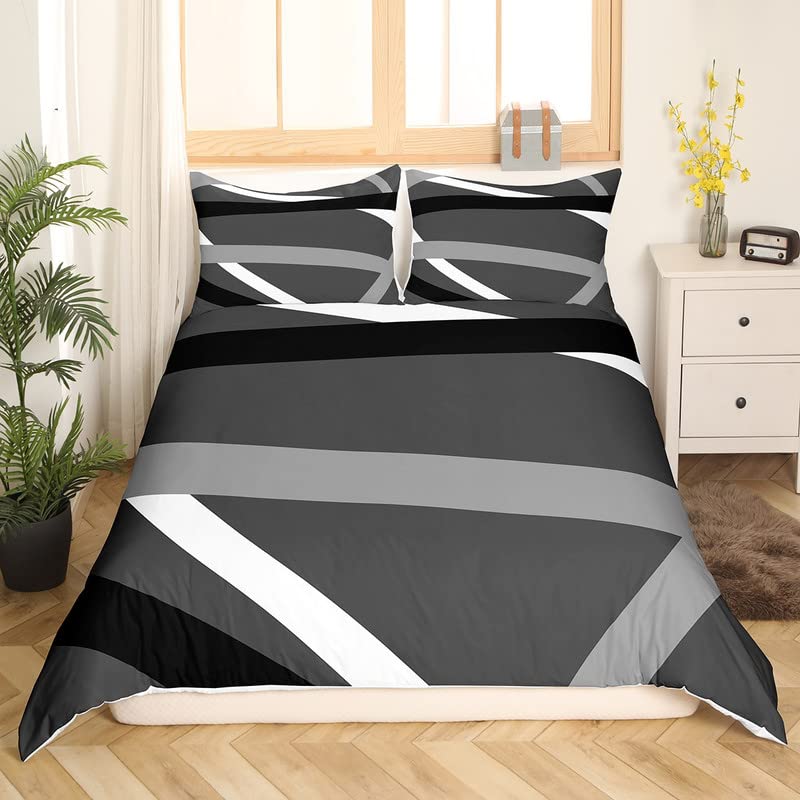 Black Gray White Stripes Bedding Set King Modern Abstract Geometric Comforter Cover Set for Women Men Lines Duvet Cover Breathable Bedspread Cover Quilt Cover - Image 3