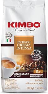 Kimbo Espresso Crema Intensa | Whole Bean Coffee | Medium Dark Roast, Intensity 11/13 | Roasted, Blended and Made in Italy | 1kg / 2.2lb Bag (Pack of 6)