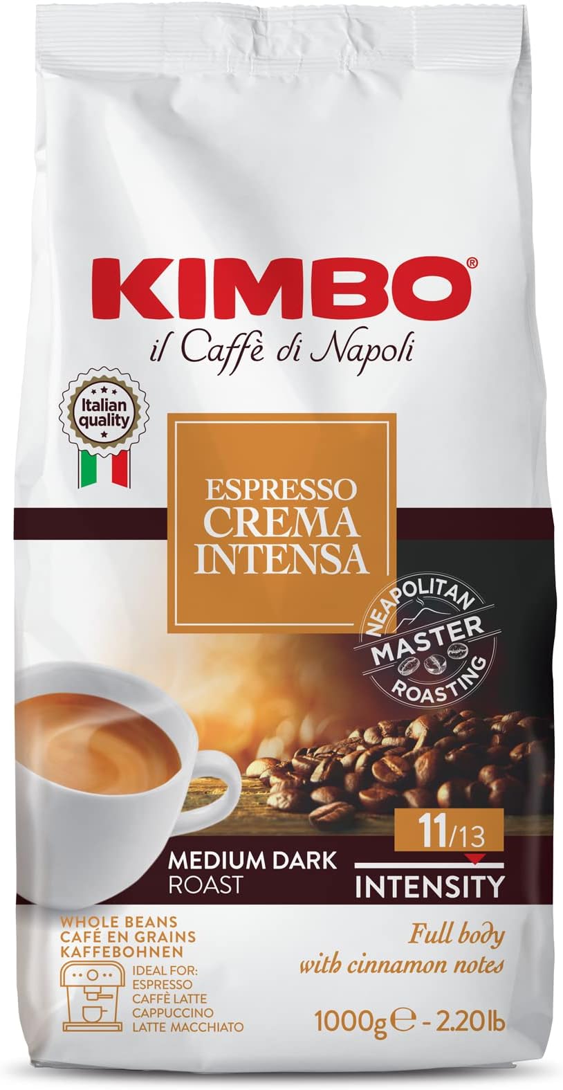 Kimbo Coffee, Espresso Crema Intensa, Italian Whole Coffee Beans, Medium Dark Roast, 11/13, 6 x 1kg