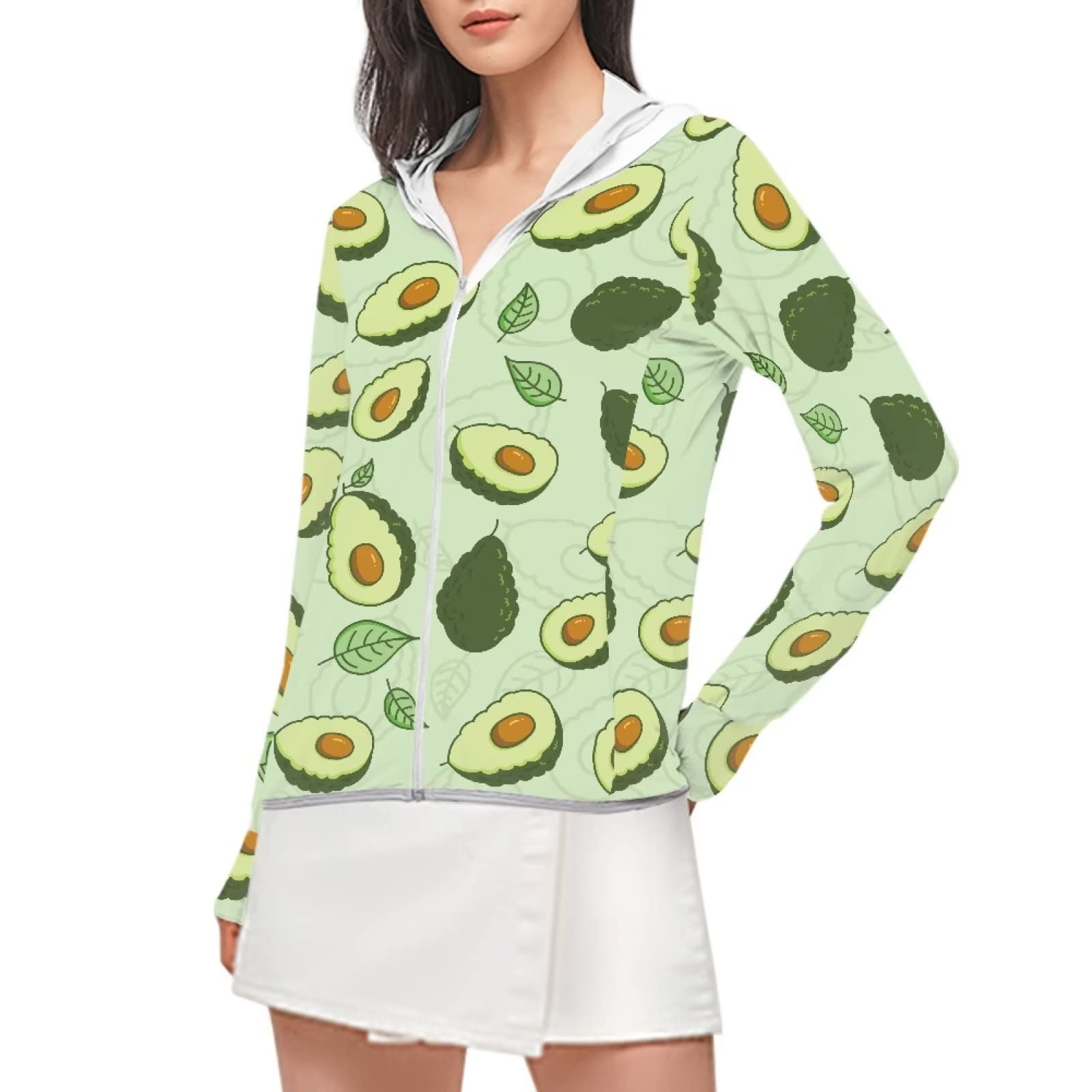 Binienty Women's Cute Sun Protection Hoodie Jacket Light Refreshing Avocado Long Sleeve Sun Shirt UPF 50+ for Hiking Athletic Cycling,Green