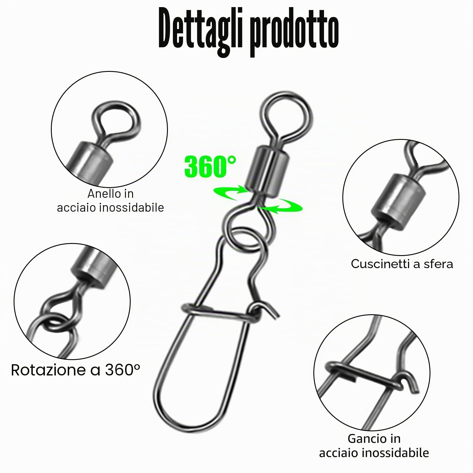 100 Pezzi Girelle da Pesca, Mulinelli da Pesca con Moschettone | Moschettoni Pesca in Acciaio Inox, Anelli Solidi con Moschettone, per Esche da Pesce, Pescas alla Trota (4# 6# 8# 10# 12#)