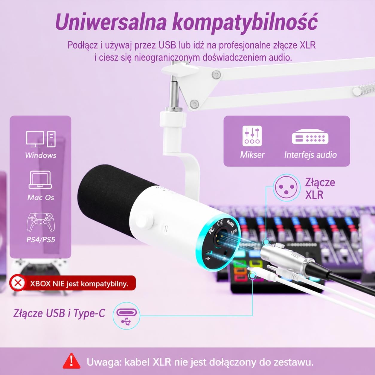 TONOR Dynamiczny mikrofon do gier, mikrofon XLR/USB do strumieniowego przesyłania, redukcja szumów AI, sterowany RGB, wyciszenie, gniazdo słuchawkowe 3,5 mm, mikrofon z ramieniem szubienicowym, biały