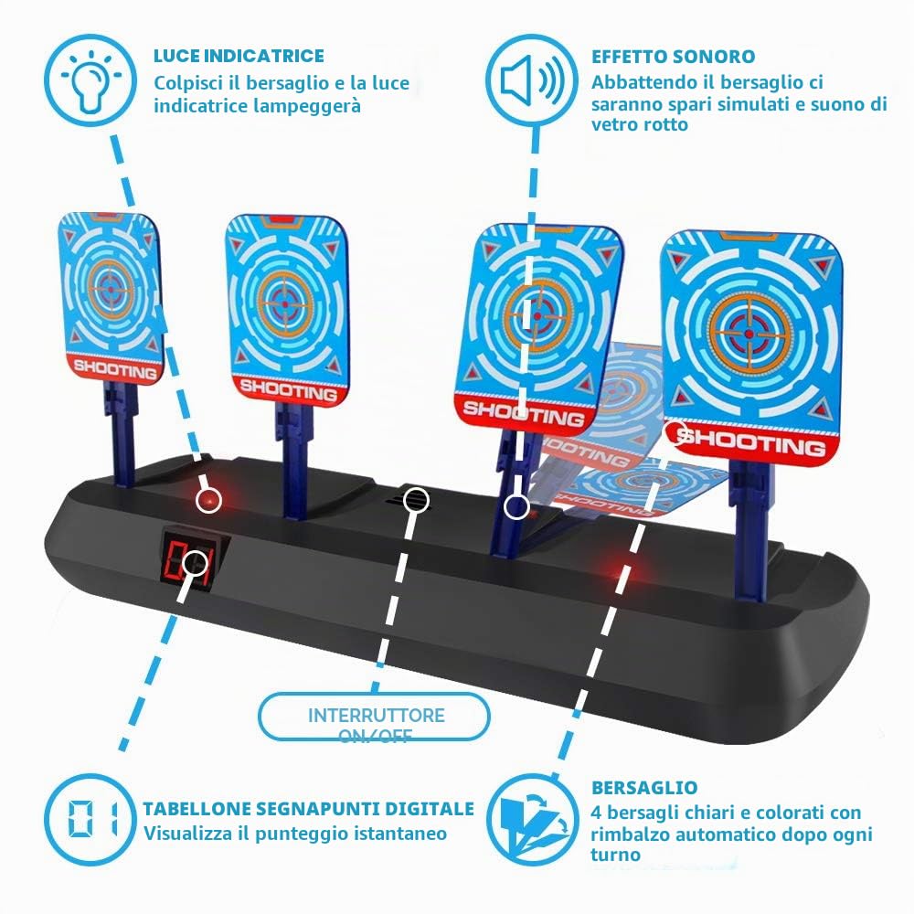 Tiro al Bersaglio Bambini, Bersaglio Nerf Elettronico con 20 Proiettili Freccette per Pistola Giocattolo Giochi Bambino 3 4 5 6 7 8 9 10 Anni Gioco Interno Esterno Regalo Bimbo Compleanno Natale