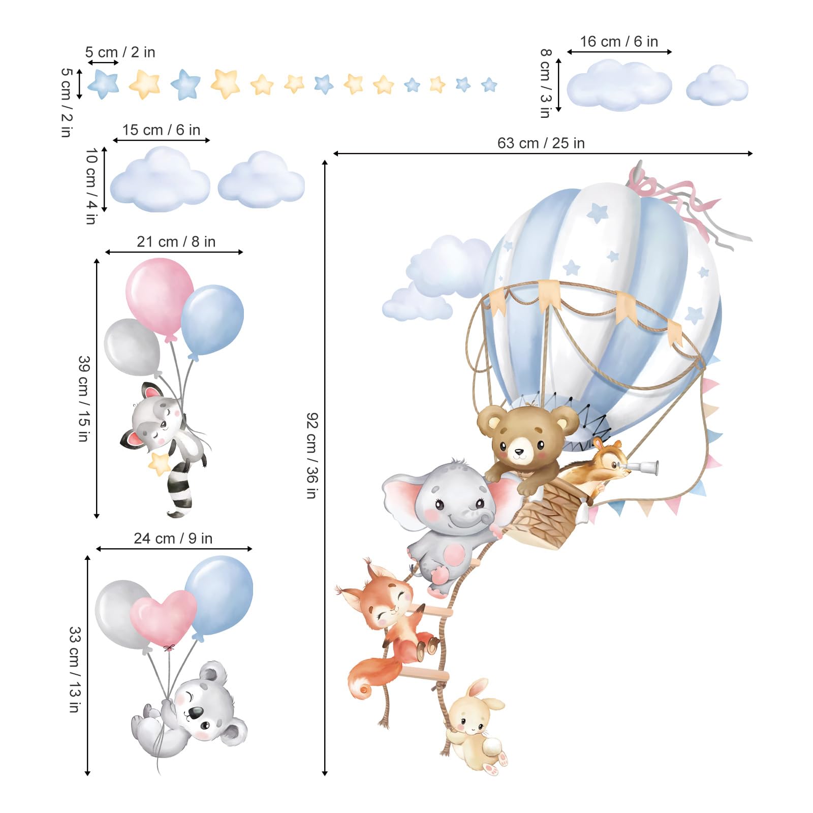 wondever Adesivi Murali Bambini Mongolfiera Grande Animali Sticker da Muro Palloncino Elefante Orso Volpe Adesivi da Parete per Asilo Nido Camerette Bambini Ragazze