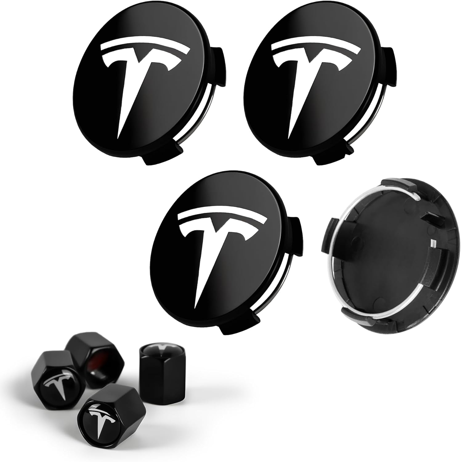 4 PCS Car Wheel Center Cap for Tesla Model Y & Model 3, Car Hubcaps with Logo Emblem and 4 Valve Stem Caps, 2.2 in ABS Wheel Rim Cover Accessories for Tesla 18″/19″ Wheel, Black & Silver