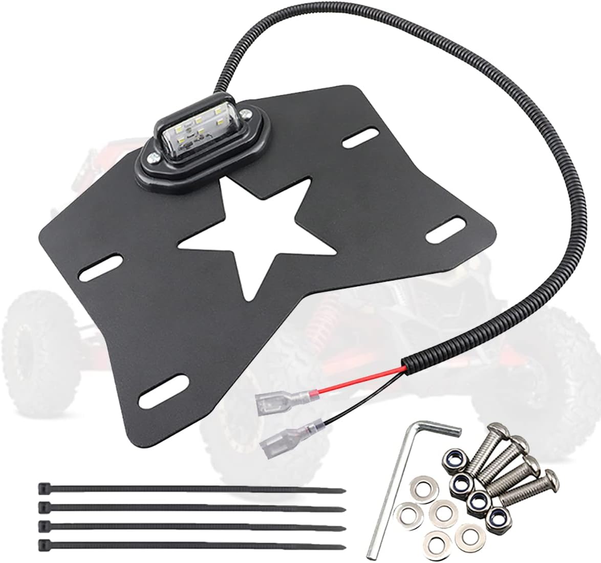 Aluminum License Plate Frame with LED Light for Polaris RZR XP 1000 Ranger & Can Am Maverick X3 Kawasaki & Other UTV ATV Universal License Plate Holder