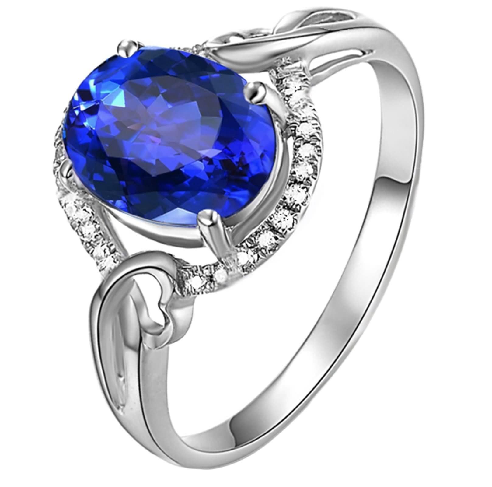 Anelli Fidanzamento di Oro Bianco Donna 9K / 14K / 18K, 4 Griffe Ovale con Zaffiro Sintetico e Moissanite, Donna Anello in Blu Argento Eternity