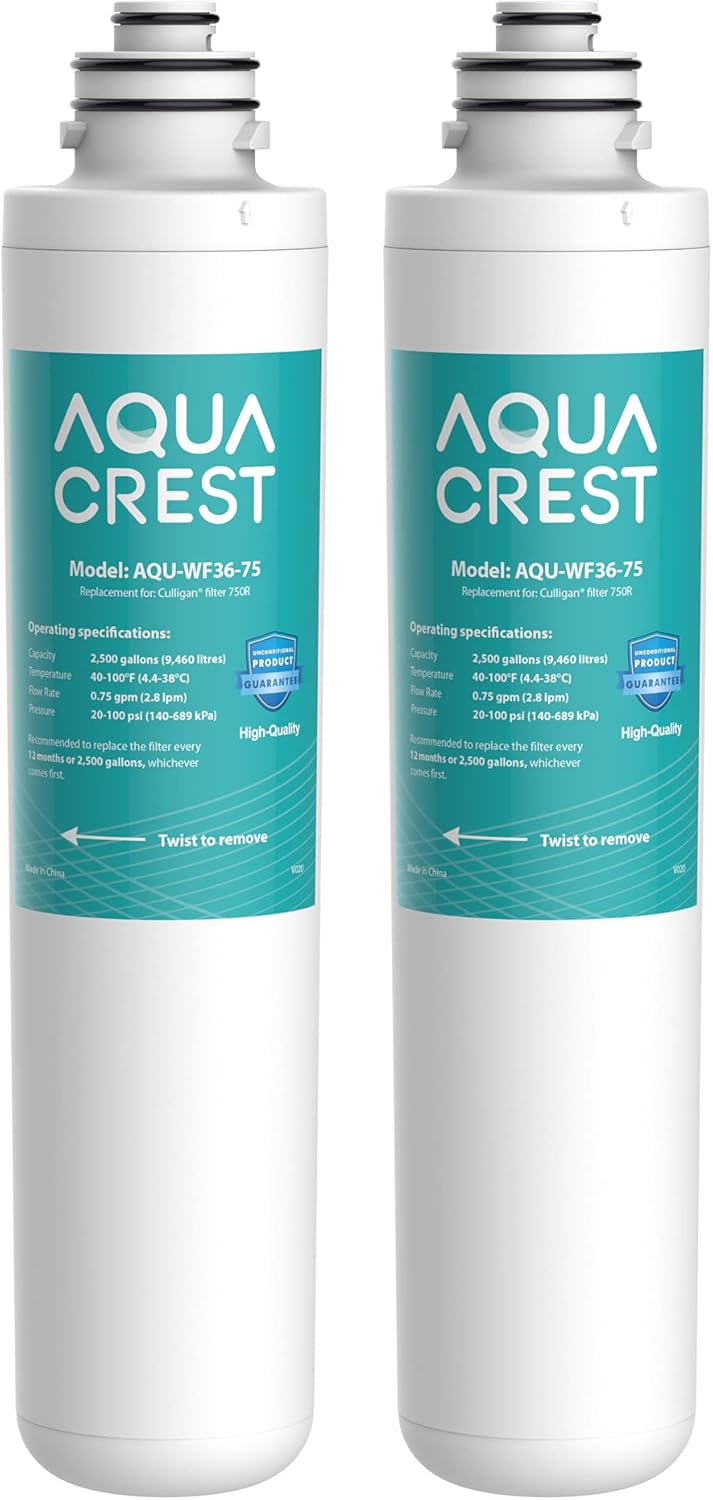 AQUA CREST 750R Drinking Water Filter, Replacement for Culligan® 750R Level 1, 2500 Gallons Extended Lifespan, More Pure Enjoyment, 2 Pack, Model No.WF36-75