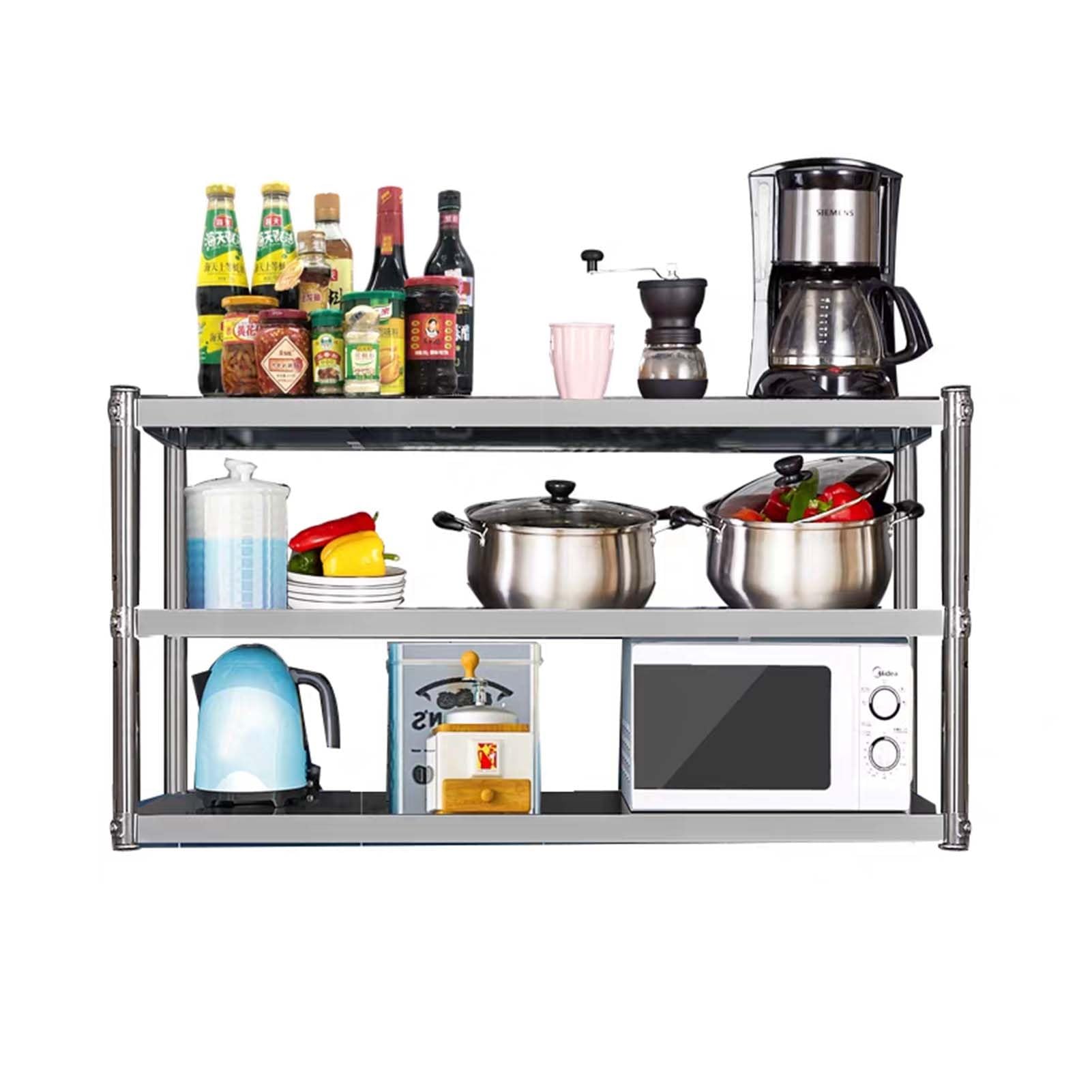 Étagère en acier inoxydable 3 niveaux 150x35x75cm pour micro-ondes et casseroles