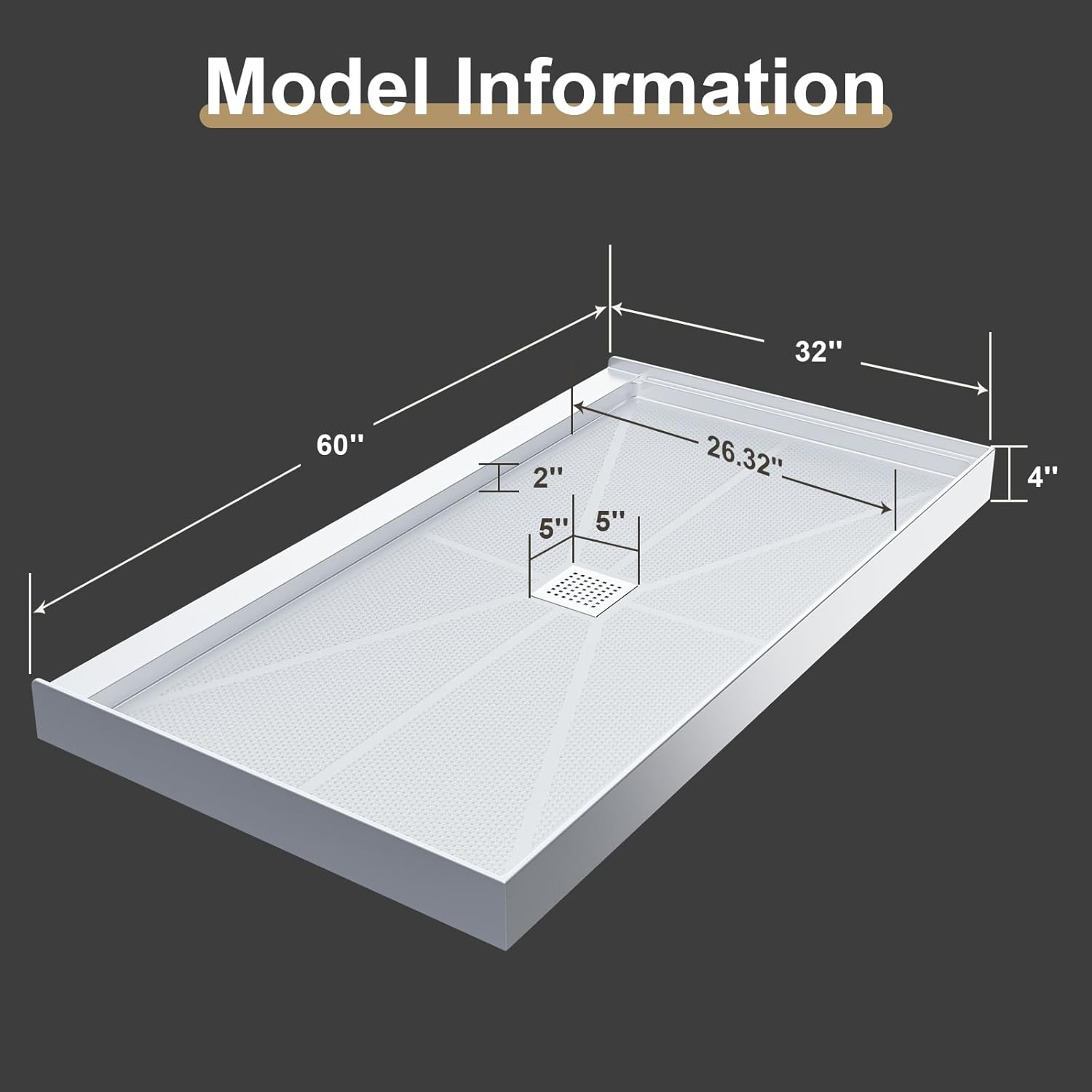 60x32 Inch Shower Base with Center Drain, Anti-Slip Shower Pan Featuring Square 304 Stainless Drain Cover, 3-Sided Splash Guard and Drain Assembly, Ideal for Modern Bathroom Projects