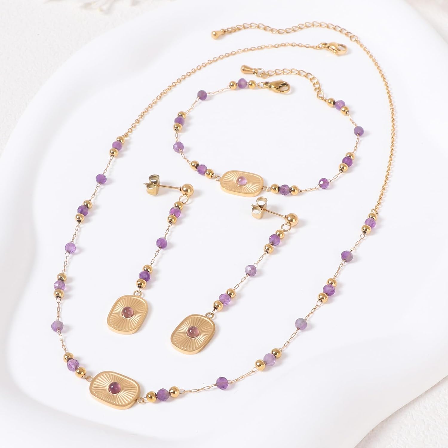 Natural Stone Beads Jewelry Set for Women 18K Gold Plated Gemstone Beaded Chain Necklace Earrings Bracelet Set Gift for Her